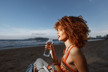 Sunny Beach: Happy Woman Drinking Water, Enjoying Vacation