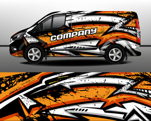 Delivery van vector design. Car sticker. Development of car design for the company. Car branding. Orange and white stripes on black background for car vinyl sticker.
