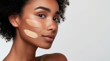 A portrait of a woman with different shades of foundation applied to her cheek The white background highlights the makeup options and her flawless skin