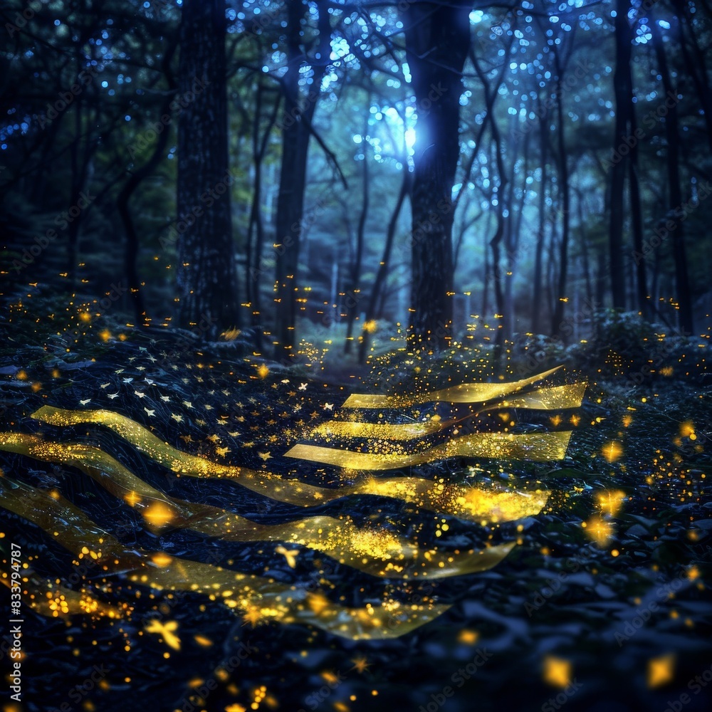 Wall mural A surreal night scene where fireflies form the USA flag in a dark forest, with a magical, glowing atmosphere, Surreal, Digital Art, Luminous