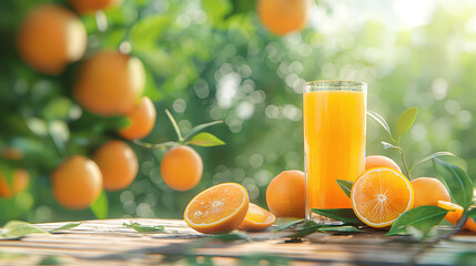 Naklejka premium Orange Juice with slices on a sunlit wooden table