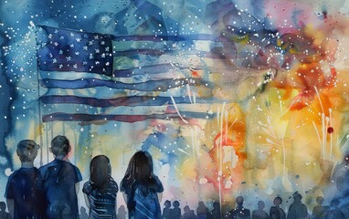 A watercolor painting of a family watching fireworks with the USA flag in the background, capturing the warmth and unity of Independence Day, Watercolor, Soft Tones