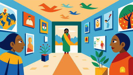The walls of a community center are adorned with colorful paintings and collages each one created by a refugee who has learned to use art as a means. Vector illustration