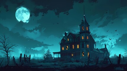 Create a background with a Halloween haunted house tour and space for text