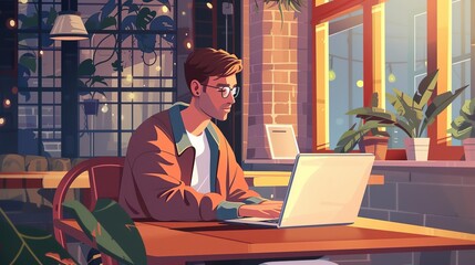 focused young male freelancer working on laptop in cozy cafe digital illustration