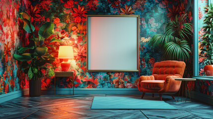 Empty frame mockup in a room with a floral colored wallpaper and an orange armchair with houseplants