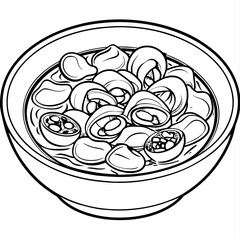 A detailed hand-drawn illustration of a bowl of pasta salad, featuring a mix of vegetables and pasta shapes. The monochrome design captures the intricate details of the dish.