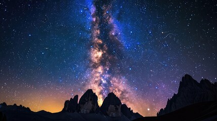 Silhouette of steep mountain peaks under a bright galaxy of stars. Focus on the clear sky with no foreground.