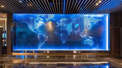 World map mural in a public space, with embossed mesh lines and illuminated dots that light up to show live global news feeds