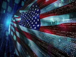 An abstract painting of the USA flag as a burst of digital data and binary code, representing technological advancement, Abstract, Digital Art, Hightech
