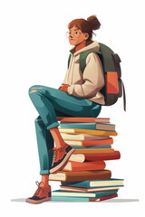 Young student perched on a pile of colorful books