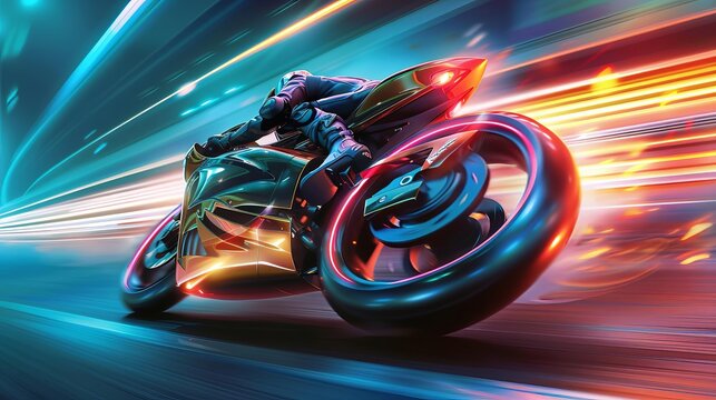 futuristic superbike motorcycle racing at electrifying speed on sleek track adrenalinefueled concept art illustration