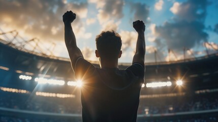 Back view of the silhouette of a young male fan, a fan with his arms raised in the air and celebrating the victory of any team or athlete at the stadium in the evening.