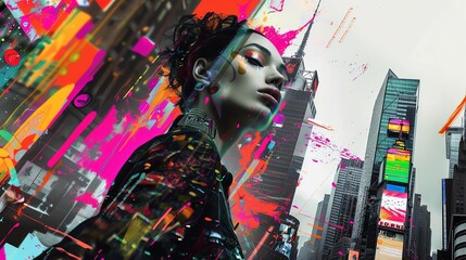 Design a high-angle view of a glamorous model showcasing fashion trends against a striking urban cityscape fused with vibrant environmental elements using modern graphic design tec