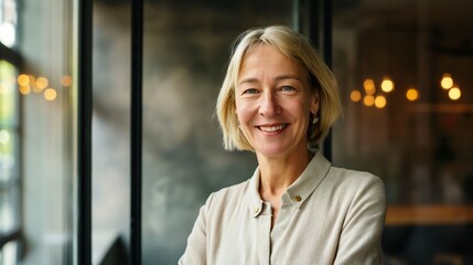 Smiling confident stylish mature middle aged woman standing at office. Old senior businesswoman