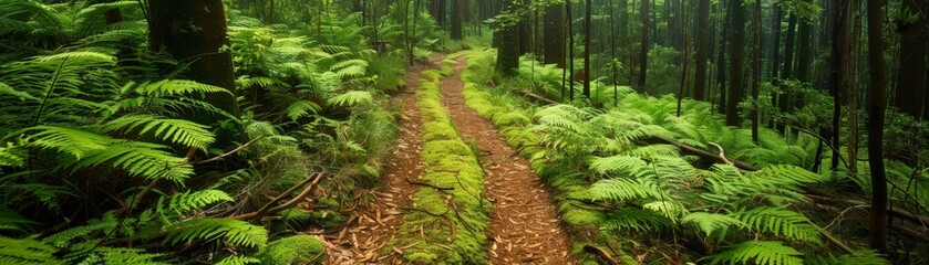 Obraz premium Serene Trail Through Lush Green Forest with Ferns and Moss