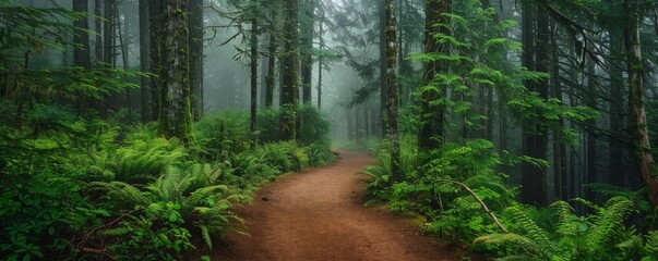 Serene Path Through Lush Green Forest with Ferns and Moss