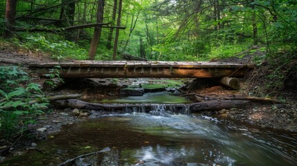 Obraz premium Serene Nature Scene: Fallen Log Bridge Over Forest Stream