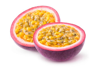 Two halves of passion fruits (maracuya) with seeds isolated on white background
