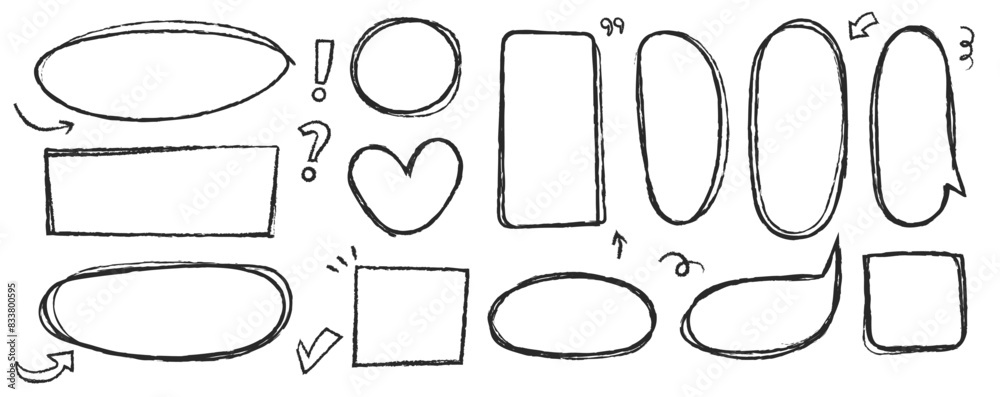 Poster set of highlight pen line elements. black pencil brush. marker round and elipse and scribble heart a