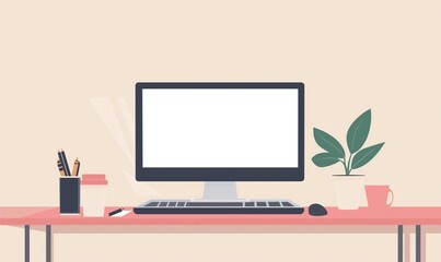 Fototapeta premium Minimalist Home Office Setup with Plant and Coffee. Modern Workspace Design with Clean Desktop.