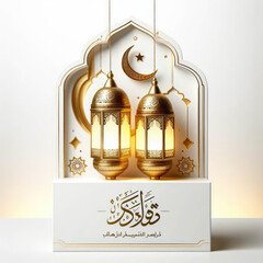 Eid al adha greeting card template decorated with 3d cute lantern crescent moon and flower