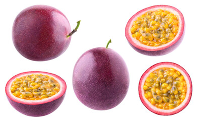 Collection of whole and halved passion fruits (maracuya) isolated on white background
