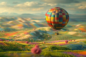 Fototapeta premium Capture Imagination as a colorful hot air balloon floating gracefully over a vibrant patchwork landscape, a sense of wonder and freedom in the air