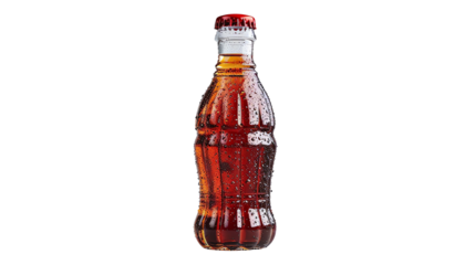 A photo of a bottle of Coca-Cola. The bottle is made of glass and is transparent. The liquid inside the bottle is dark brown and is carbonated. The bottle is capped with a red cap.