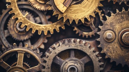 Close-up of industrial gears of different sizes and colors forming a single mechanism.