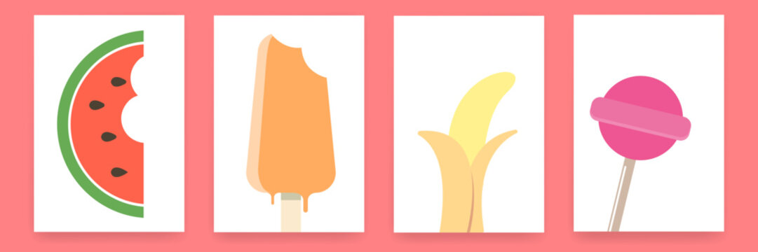 Ice cream, Watermelon slice, banana, popsicle and lolipop summer poster set. Summer time and vacations background patterns and posters set. Perfect background for posters, cover art, flyer, banner.