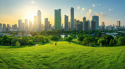 Obraz premium Beautiful modern city with skyscrapers of financial district surrounded by park with lots of trees and fields. Eco living city, environmental friendly