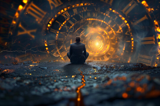 Concept of time is an illusion, man sitting in front of a clock