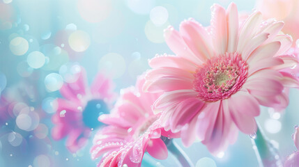 Fototapeta premium Creative flower arrangement. Pastel pink gerbera with drops of dew on the petals on a soft blue background close-up. Copy space. Flower card