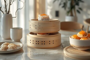 A bamboo steamer with dim sum and correction on the side