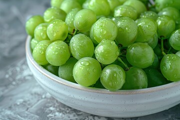 A closeup of green grapes in a white bowl, captured from above with a macro lens,