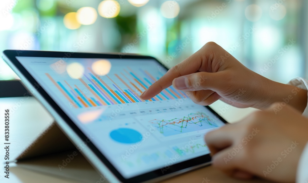 Poster data analysis in action, tracking business performance on a tablet. modern analytics, interactive da