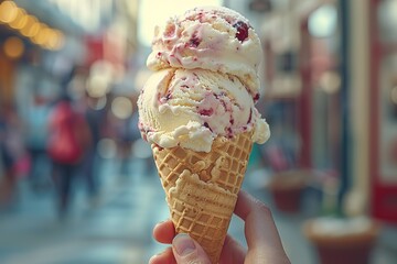 A hand holding an ice cream cone with burgundy cherry gelato and vanilla on top