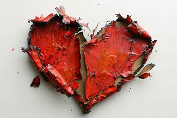 Digital image of torn red heart on white background — close up shot