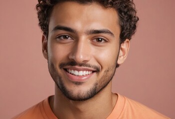 Obraz premium A man with a warm, inviting smile wears an orange tee, his bright expression reflecting positivity and openness.