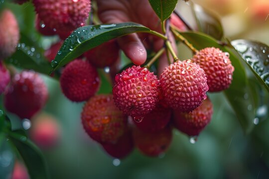 A hand is reaching for a cluster of red fruit