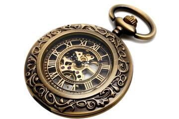 Antique pocket watch with intricate details isolated on white background
