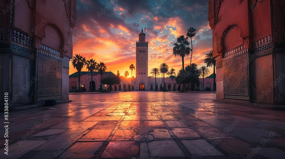 Wall mural majestic koutoubia mosque in marrakech illuminated by warm sunrise glow islamic architecture travel  - Wall murals