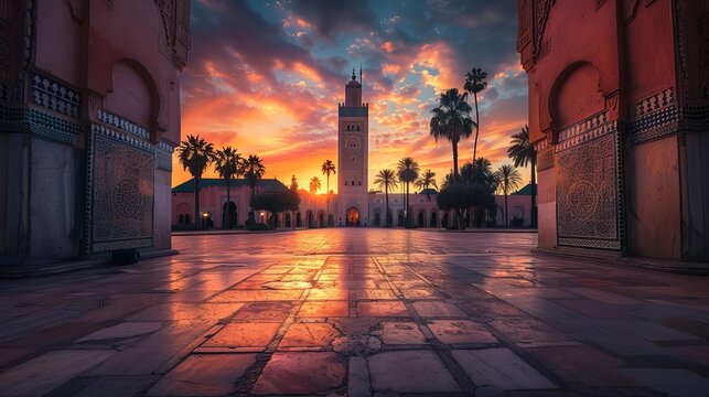 majestic koutoubia mosque in marrakech illuminated by warm sunrise glow islamic architecture travel photography