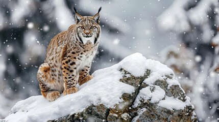 Obraz premium majestic lynx perched regally on snowcovered boulder stunning wildlife photograph