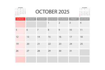 Calendar for October 2025. The week starts on Sunday.
