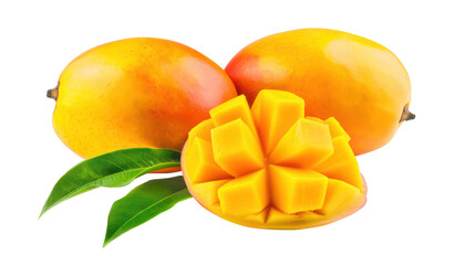 ripe fresh mangoes on white background