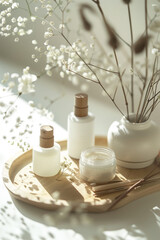 spa still life with oils, Set of cosmetics for personal care on table with flower decoration, organic 