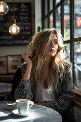 A blonde woman sitting inside drinking coffee, relaxed atmosphere, shot in the style of candid lifestyle