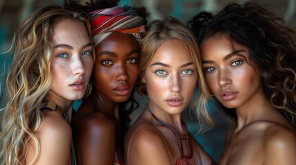 Four girls of different ethnicities in swimsuits standing next to each other. They have light skin with freckles, and one girl with dark skin wears a bright striped scarf on her head.